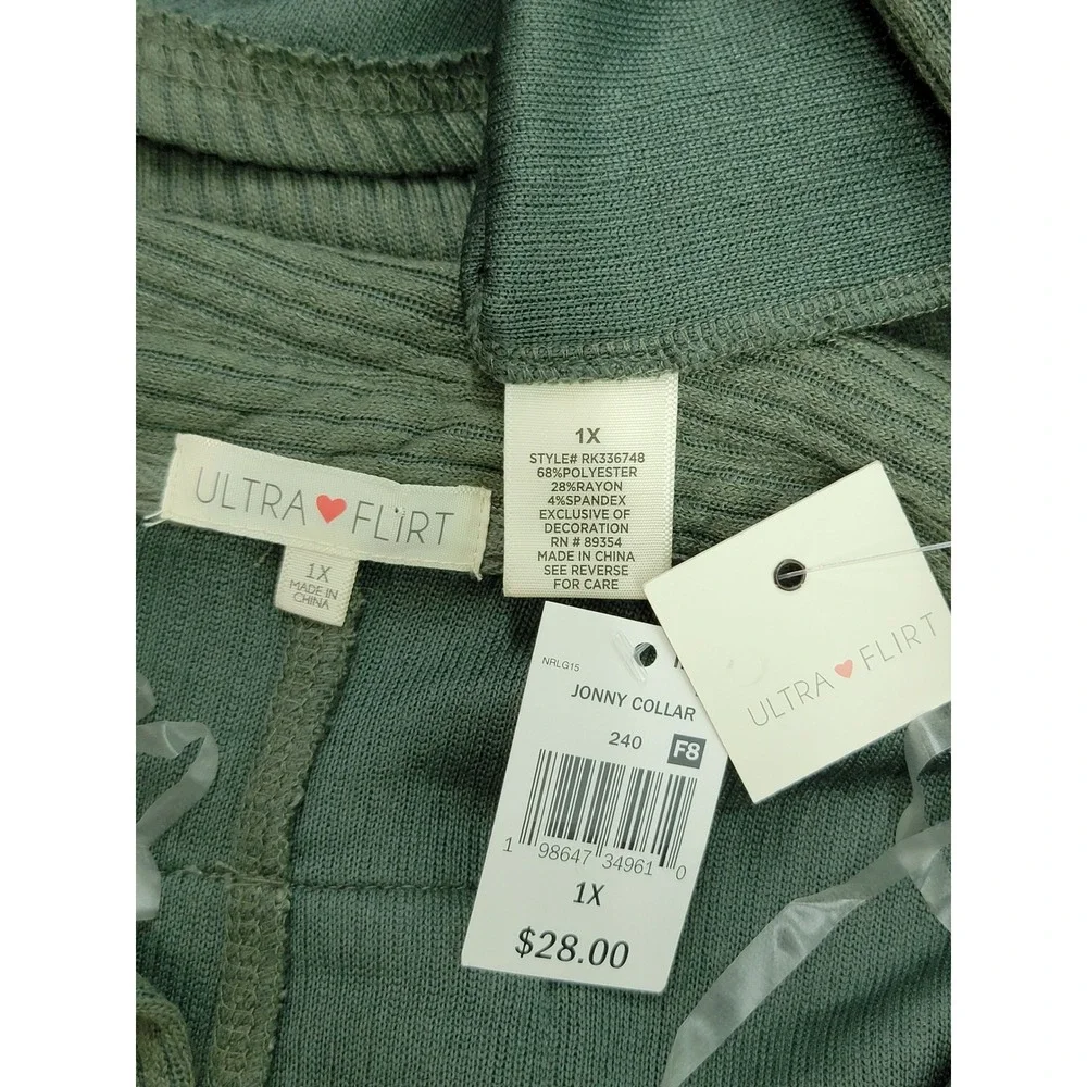 Ultra Flirt 1X Jonny Collar Pullover Olive Green Ribbed Long Sleeve Top New